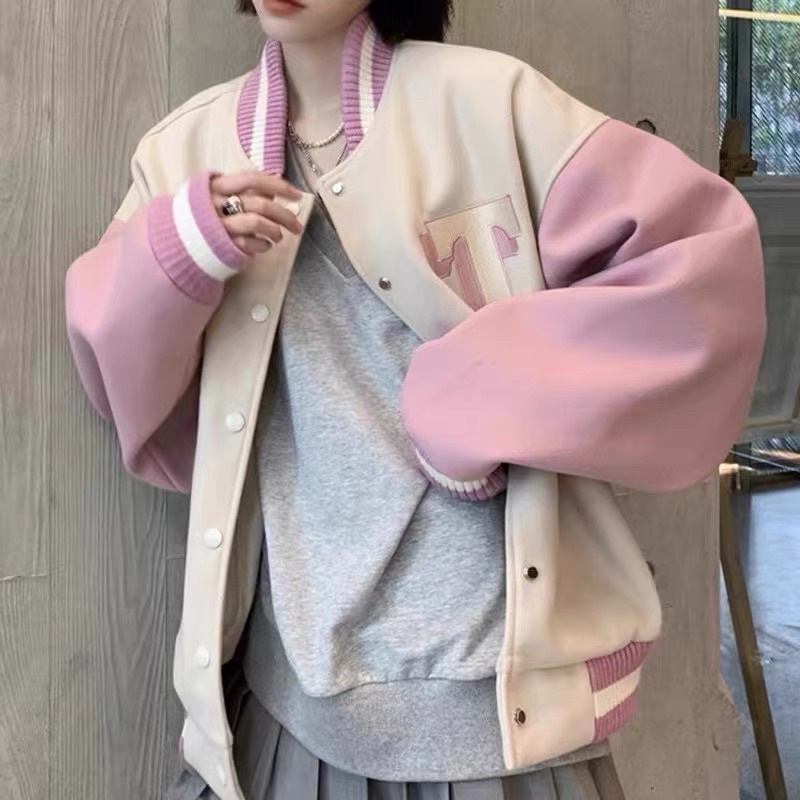 Áo khoác bóng chày màu hồng cute form rộng kèm feedback thật