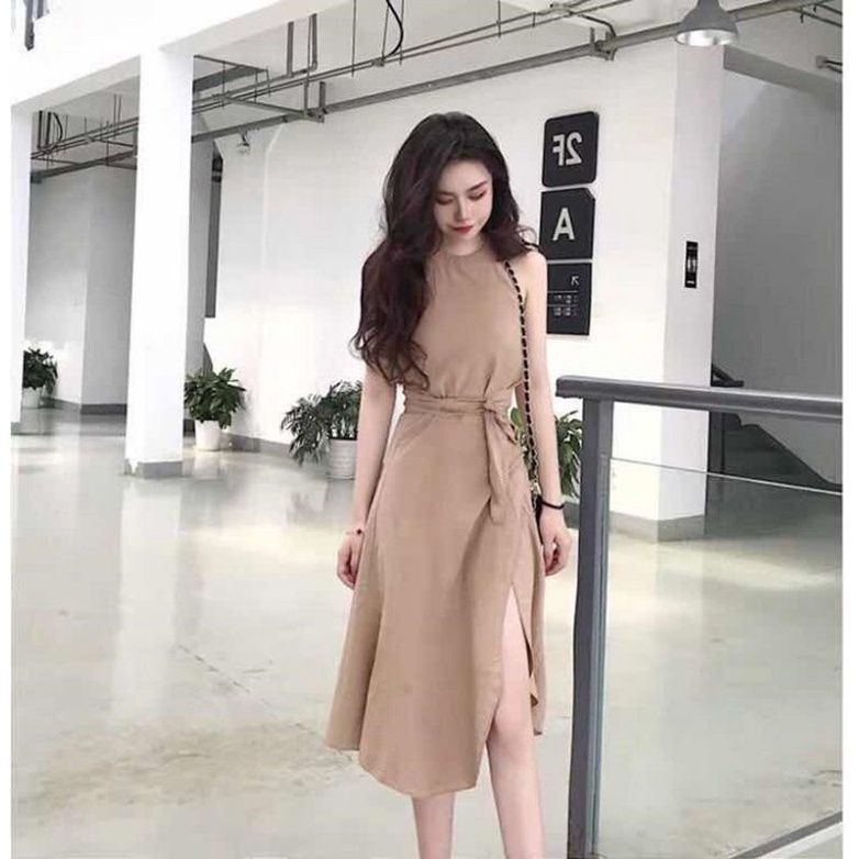 Đầm Lụa Xòe Cổ Yếm Thắt Nơ Xinh ,Váy Midi Lụa Xẻ Tà Vạt Đắp Chéo Cổ Trụ Thanh Lịch Màu Nude M L XL