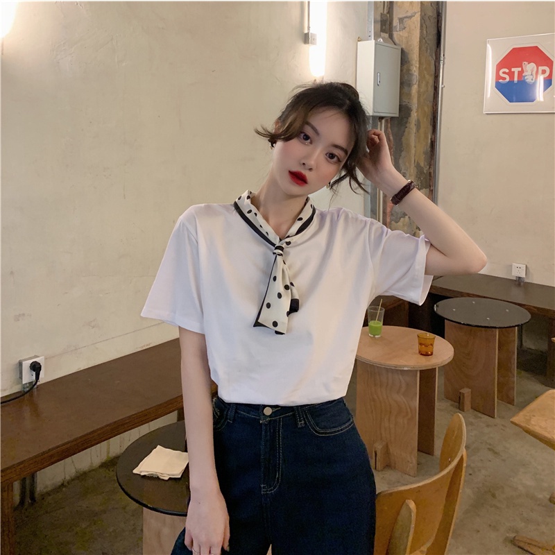 SUXI Áo thun tay ngắn phối khăn choàng lụa thời trang mùa hè dành cho nữ