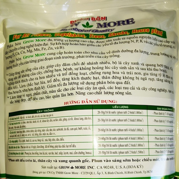 Phân Bón Growmore 30-10-10+TE 1kg, Ra nhánh mạnh - lá xanh dày, chuyên dùng cho hoa hồng, cây kiểng