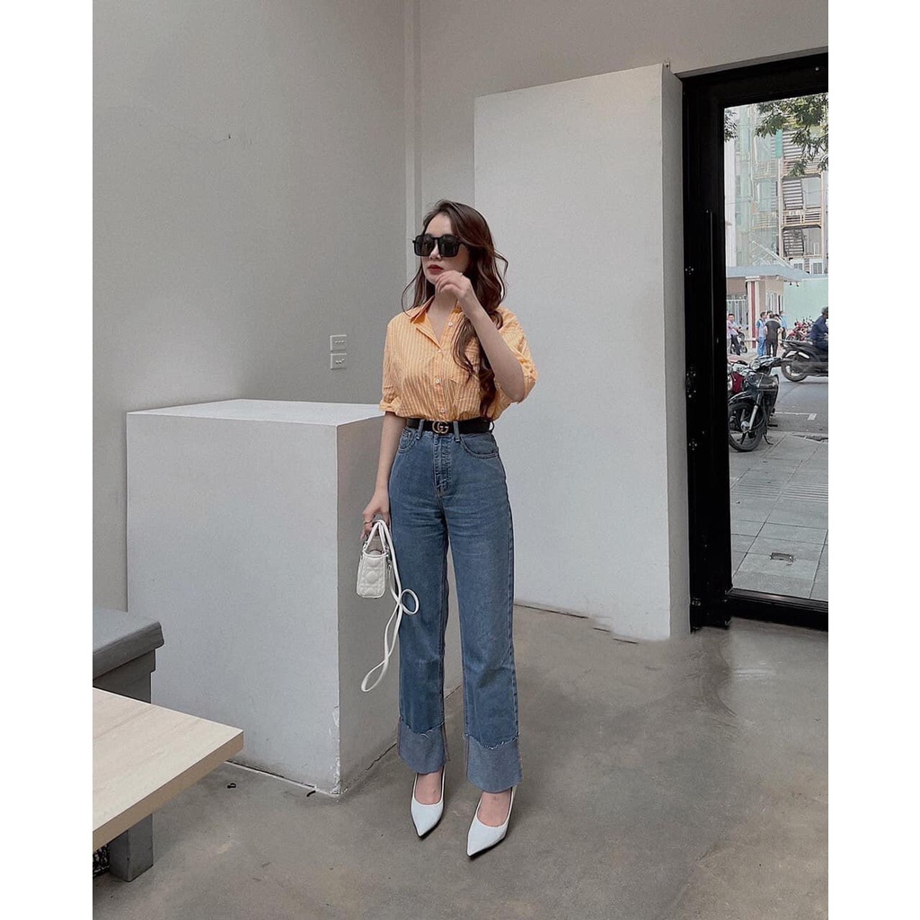 Quần jean nữ ống đứng gấp gấu, quần bò lưng cao dáng suông,chất denim co giãn tốt-Minxy shop
