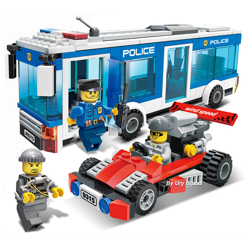 Bộ đồ chơi lắp ráp lego xe buýt cảnh sát màu xanh dương truy đuổi tội phạm thú vị cho bé