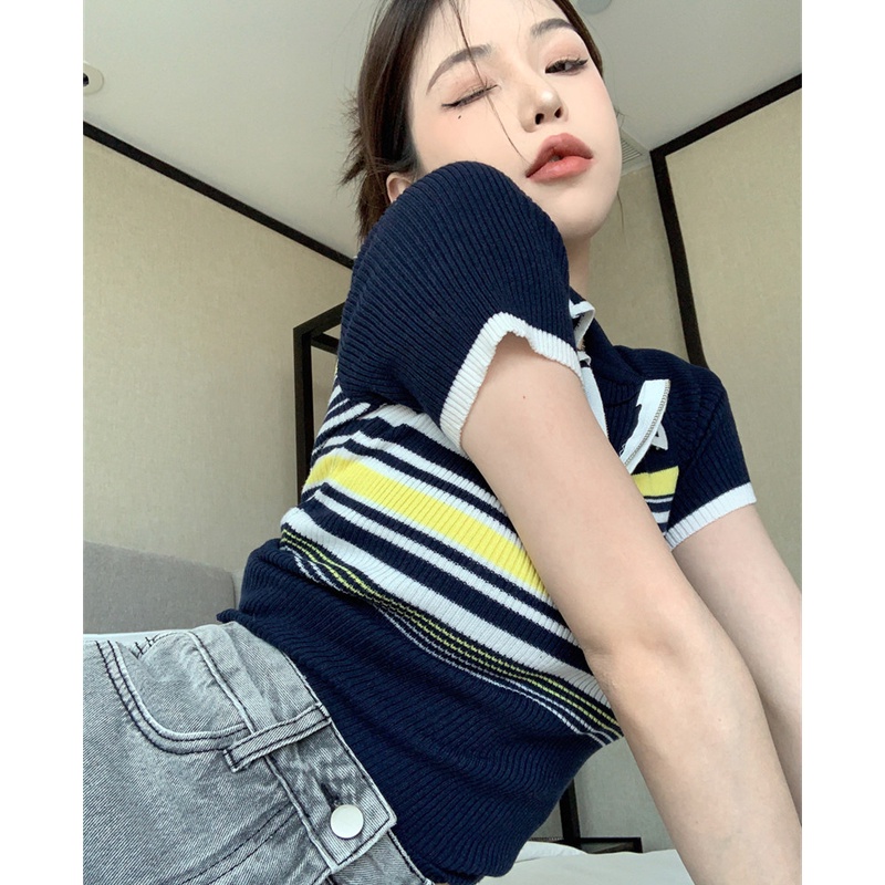 Áo Thun polo Dệt Kim Tay Ngắn Dáng Ôm Họa Tiết Kẻ Sọc Thời Trang