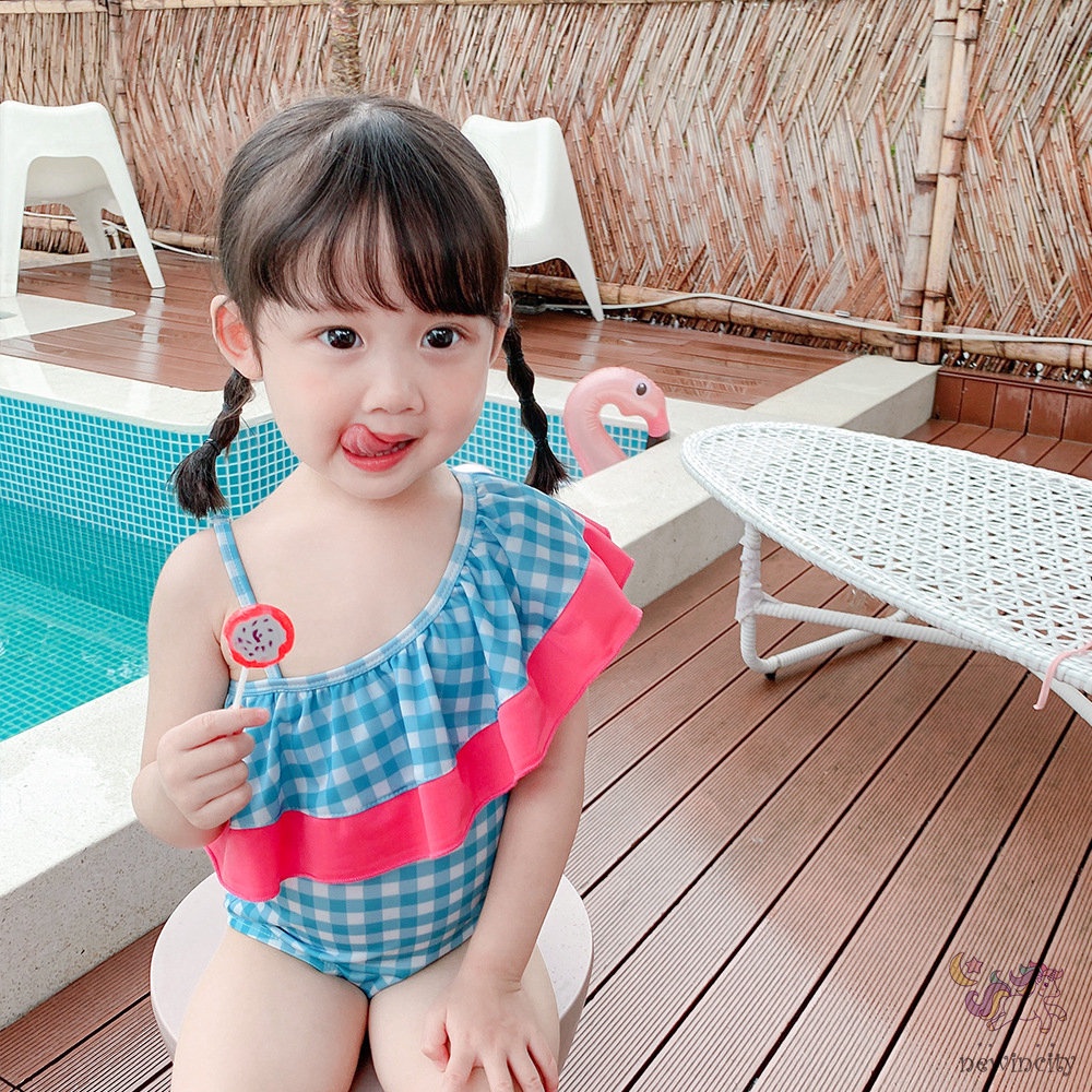 Bộ Đồ Bơi Một Mảnh Không Tay Họa Tiết Sọc Caro Kèm Mũ Phong Cách Hàn Quốc Cho Bé Gái