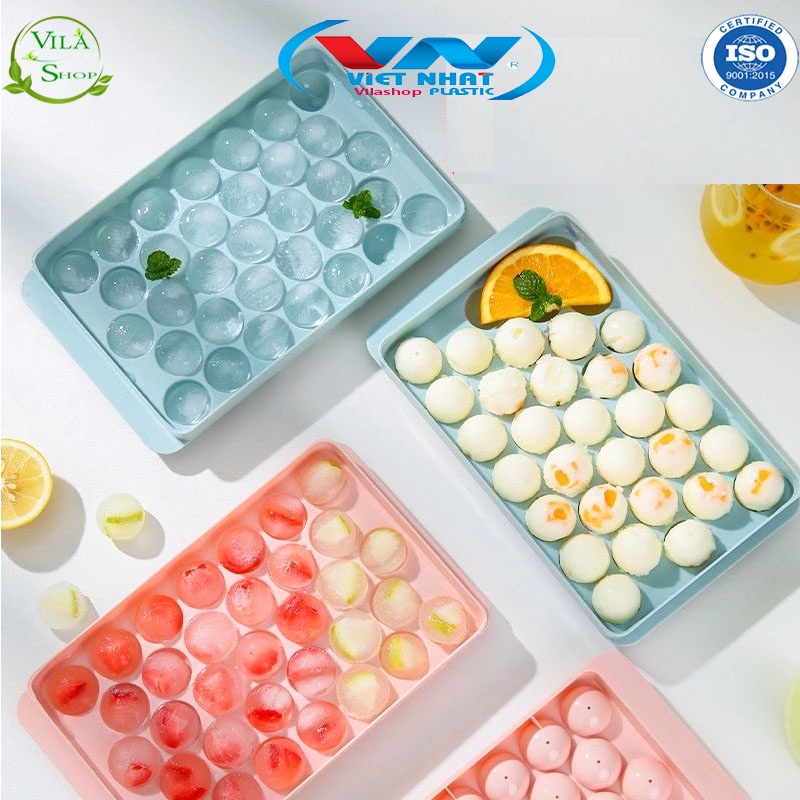 Khuôn Làm Đá, Khay Đá Bi Tròn, Vỉ Làm Thạch Rau Câu 33 Viên TRÒN Có Nắp Đậy Kín Nhựa Việt Nhật (6978)