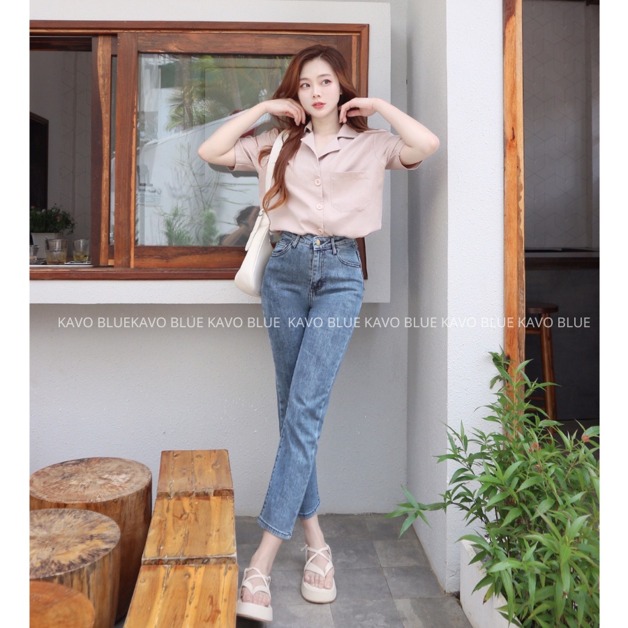 Quần Jeans Nữ Ống Đứng Co Giãn Hàn Quốc KAVO BLUE Lưng Cao Ống Suông Ghi Đá D61