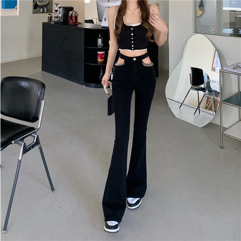 Quần Jeans Đen Lưng Cao Ống Loe Phối Dây Xích Thời Trang Cho Nữ