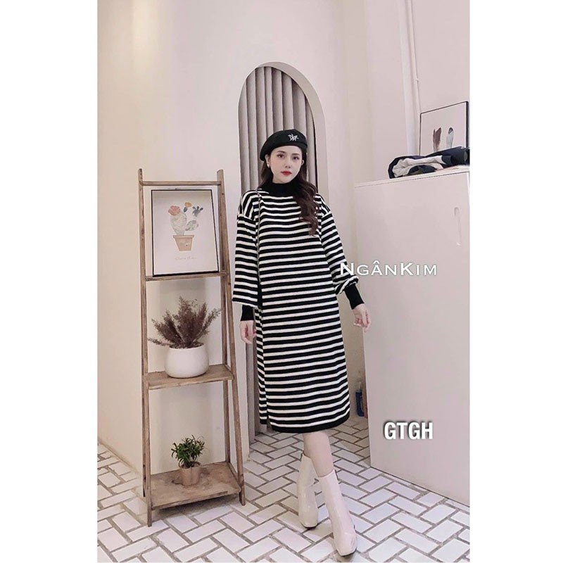 Váy Nữ Chất Len Kẻ Ngang Dáng Suông Siêu Xinh M095