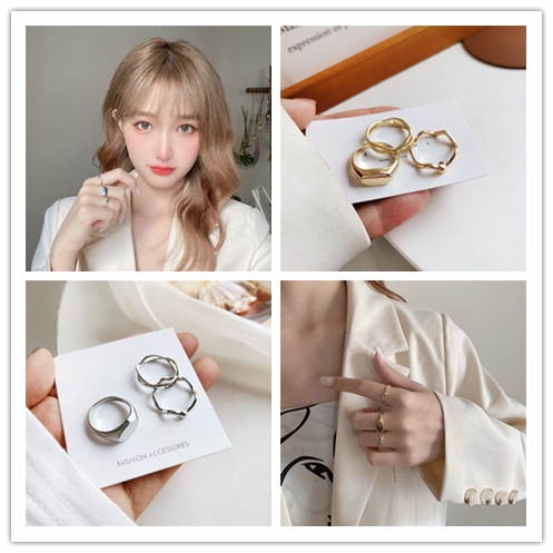 Bộ 3 Nhẫn Thiết Kế Hình Học Độc Đáo Phong Cách Hip Hop Thời Trang