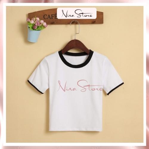 Áo croptop nữ cổ phối viền trắng đen chất thun co giãn ôm body NinaStore