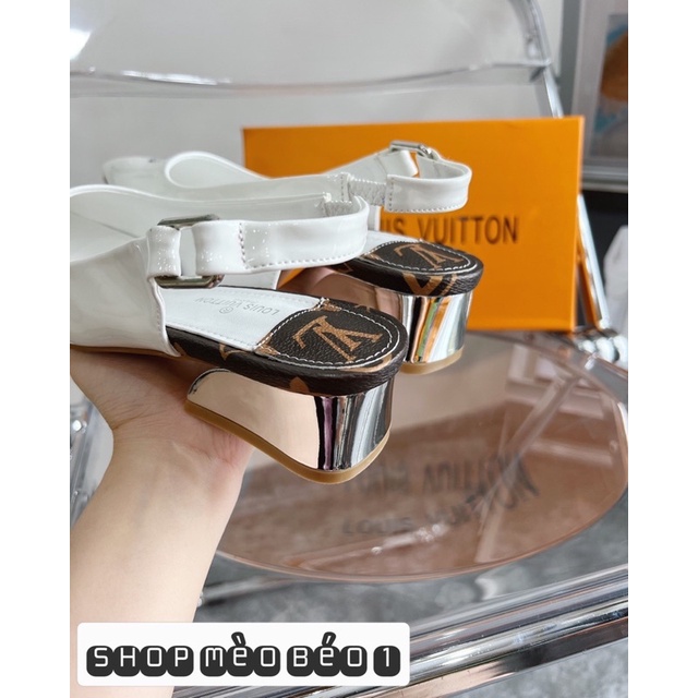 Sandal lv mũi nhọn gót gương đế vuông fullbox