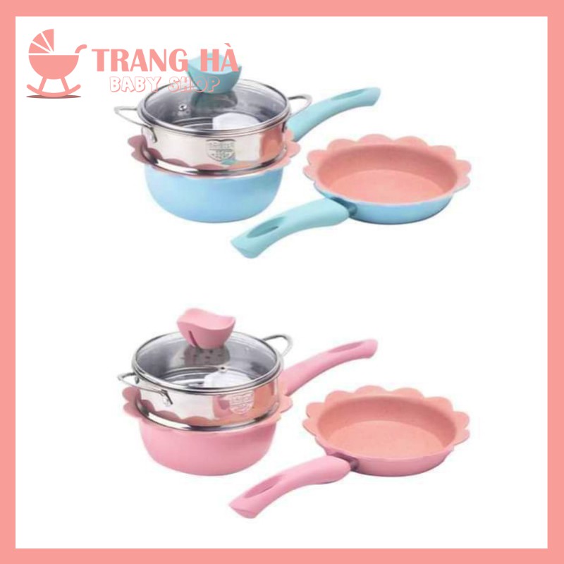 🥑SALE SỐC🥑BỘ NỒI CHẢO ĐÁ KÈM XỬNG HẤP NẤU ĐỒ ĂN DẶM CHO BÉBỘ NỒI CHẢO QUẤY HÌNH HOA CÁO CẤP MEN ĐÁ CHỐNG DÍNH