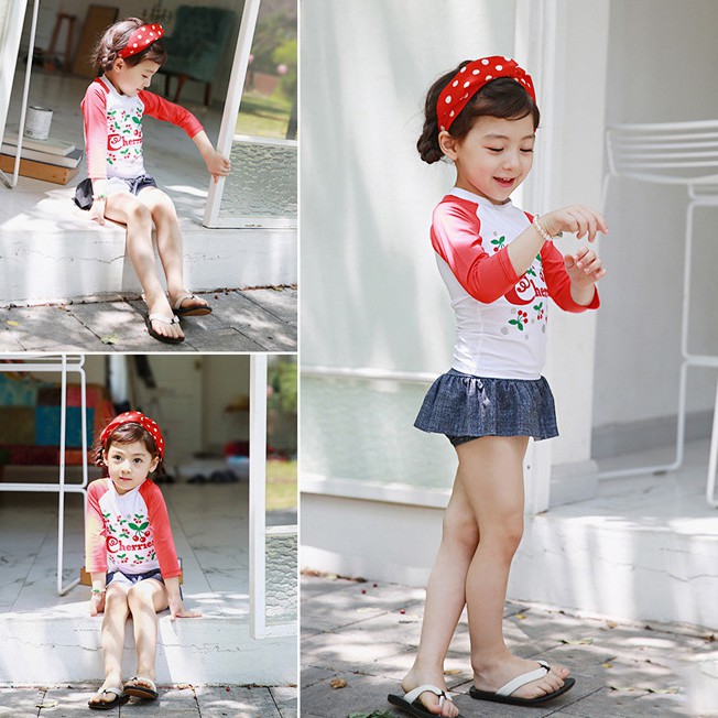 Bộ bơi dài tay bé gái họa tiết cherry đỏ siêu yêu DB04