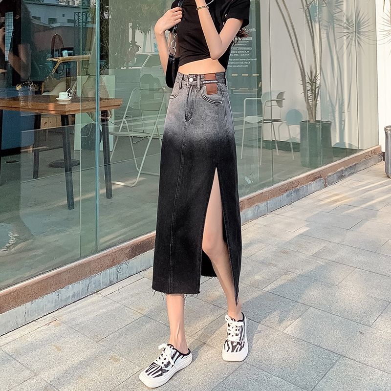 Jiashucheng Chân Váy Denim Dài Lưng Cao Xẻ Tà Màu Gradient Phong Cách Hàn Quốc Thời Trang Mùa Hè Hàng Mới 2023