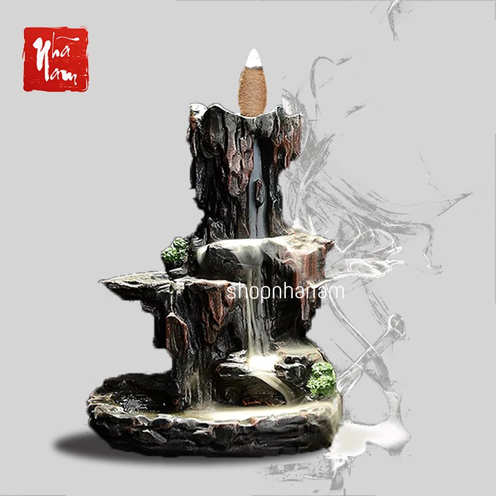 Thác khói trầm hương tiểu cảnh - Tháp khói chảy ngược cao cấp hình non bộ tặng 3 nụ trầm