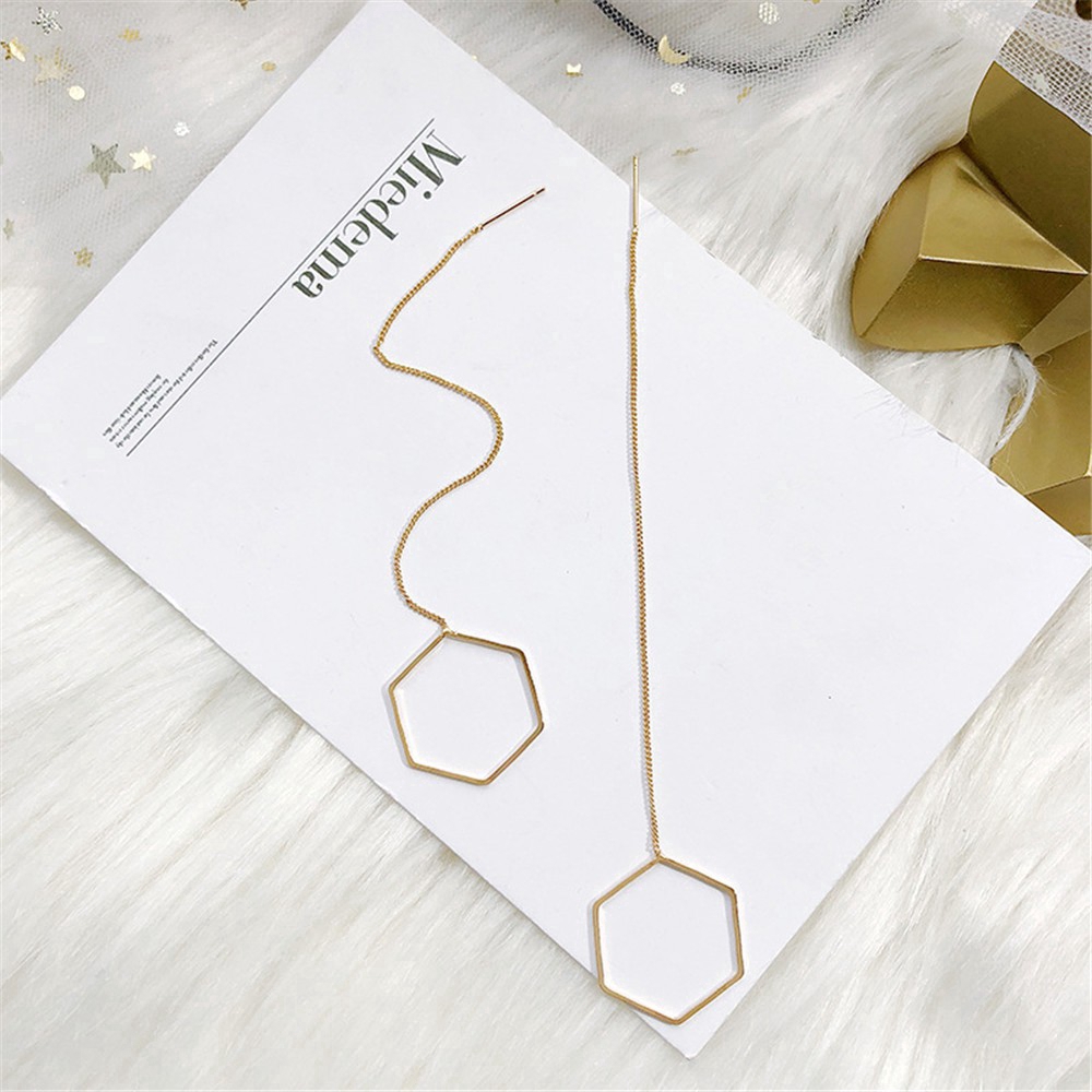 XIJING-COD Fashion Woman Simple Gold Geometric Heart Triangle Pendant Long Chain Earring Jewelry