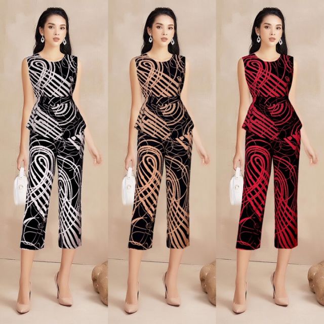 Set nguyên bộ áo peplum sát nách quần lửng họa tiết xinh xắn
