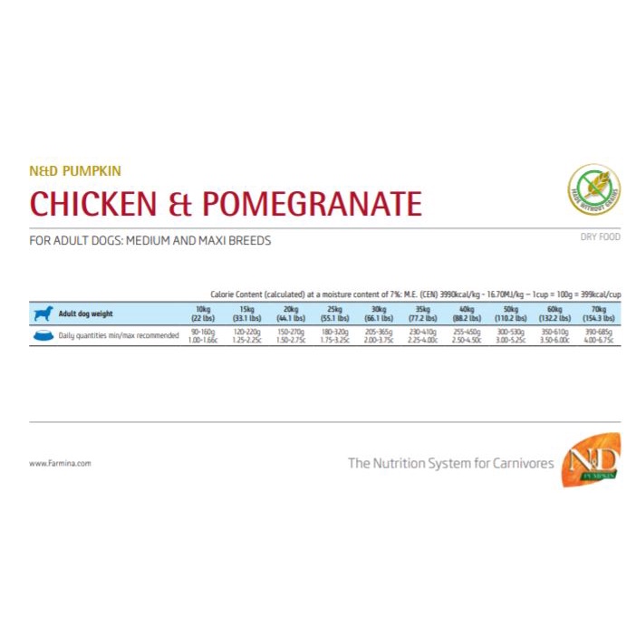 [CODE 5% YUPPY5] Farmina dòng N&amp;D Pumpkin - Grain Free Gà và Lựu cho chó trưởng thành  size lớn 12kg