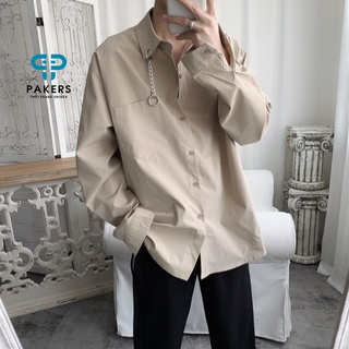 Áo sơ mi nam pakers unisex áo sơ mi form rộng phối khoen cổ tay dài phong cách hàn quốc asm11