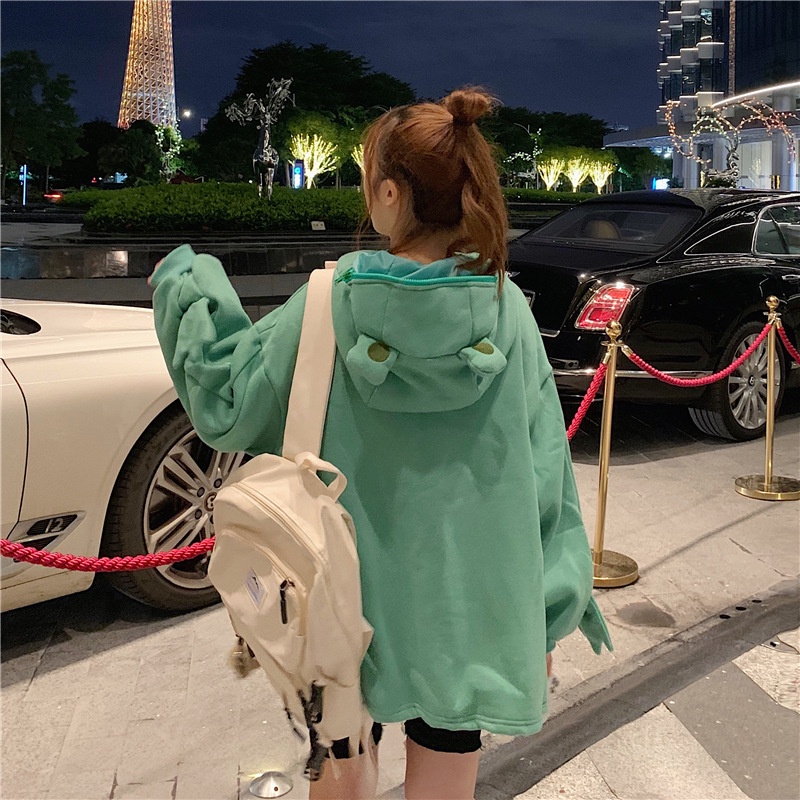 Áo khoác hoodie dáng rộng kiểu hình ếch dễ thương phong cách harajuku thời trang cho nam nữ