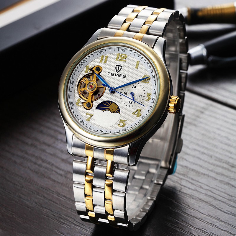 [LƯƠNG VỀ– Tặng Qùa] Đồng hồ chạy cơ Automatic nam dây Thép thương hiệu TEVISE 795 Japan Golden chống nước