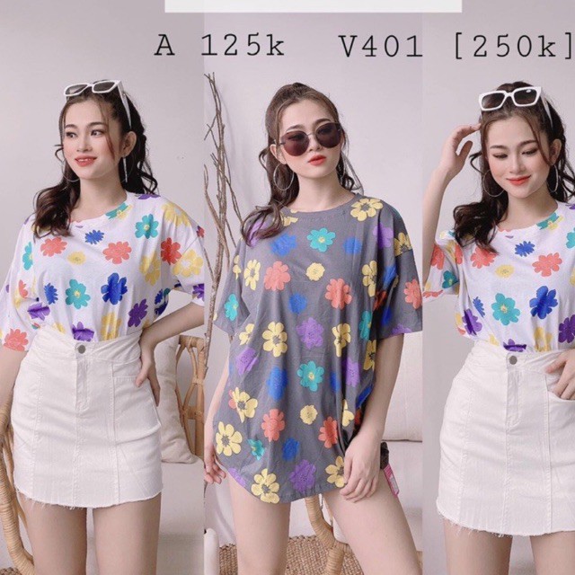 áo thun nữ form rộng &lt;65kg unisex in hoa nhí