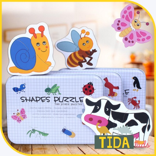 Đồ Chơi Xếp Hình Gỗ Shape Puzzle, Ghép Hình 2 Mảnh Nhiều Chủ Đề, Hộp Thiếc Giá Tốt ❤️ Freeship ❤️ TiDa Kids Shop