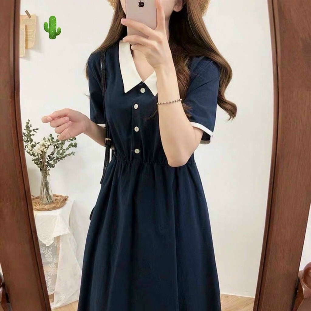 Đầm cổ bẻ cài nút tiểu thư dáng suông , chất kate lụa mềm mịn ( ảnh thật )