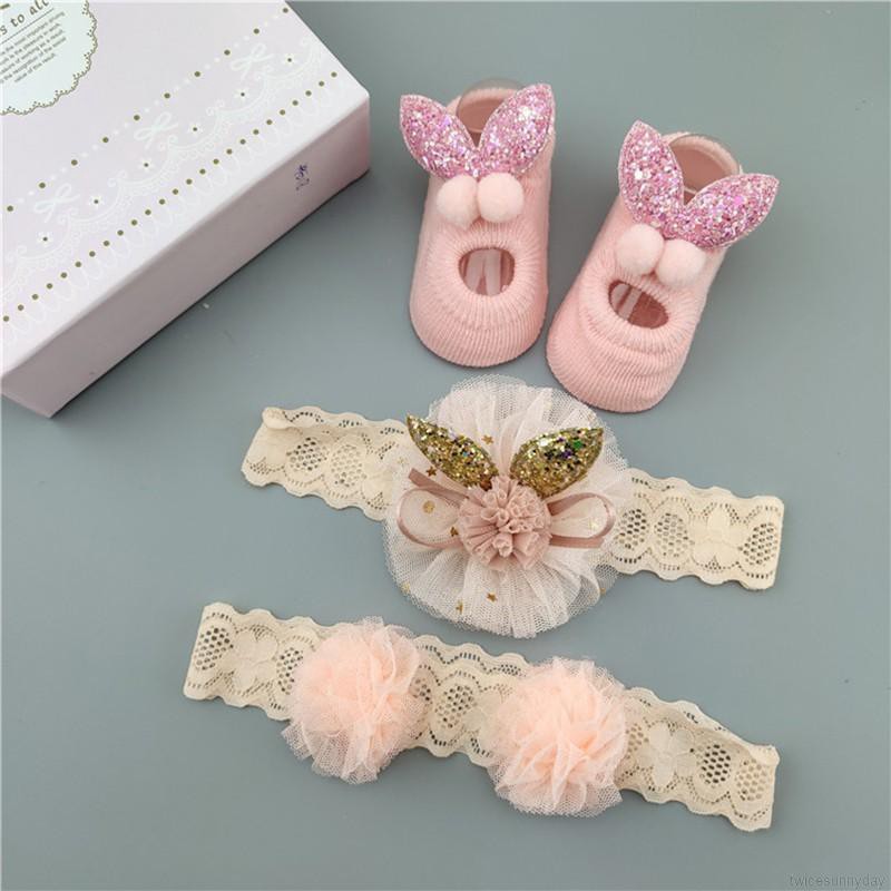 ☀ sunny ღ Baby Cartoon Cotton Flower Design Socks+ Hairband Photography Props Set