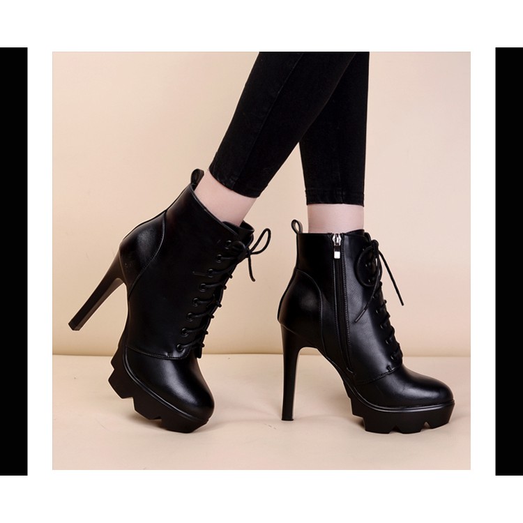 Giày boot nữ cao gót buộc dây 12cm cổ ngắn,chất liệu da không thấm nước,ôm chân, siêu chắc chắn,quý phái, sang trọng