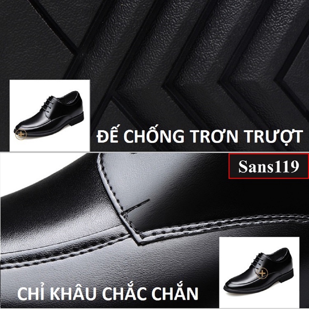 Giày tăng chiều cao nam da bò Sans119 độn đế 8cm công sở cao cấp buộc dây tây đen chú rể mặc vest size nhỏ 37 mũi tròn