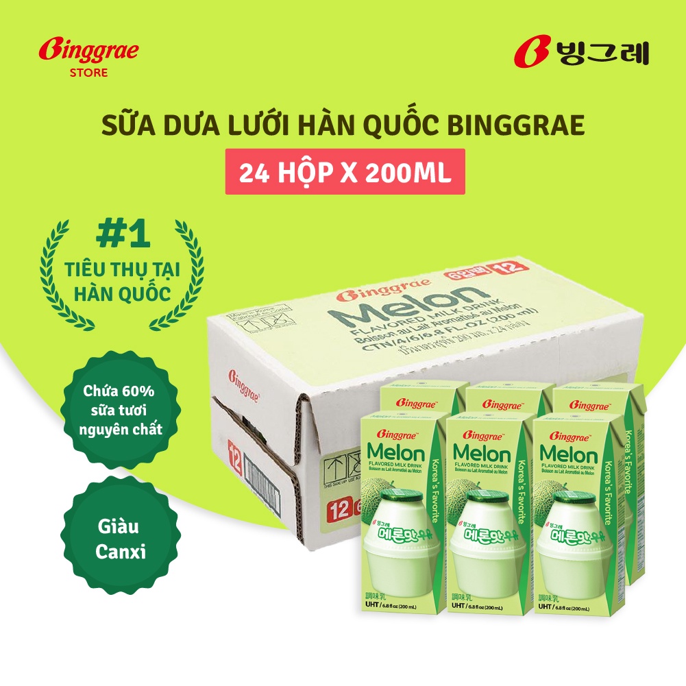 Thùng Sữa Dưa lưới Hàn Quốc Binggrae Melon Milk (200ml x 24 hộp)