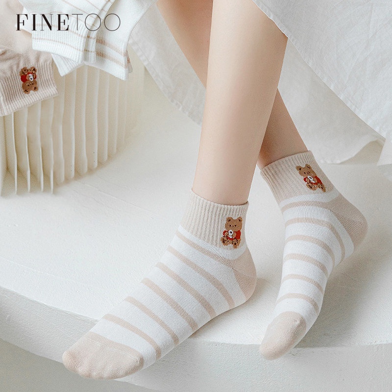 FINETOO Tất Cotton Cổ Ngắn Thời Trang Thu Đông Phong Cách Hàn Quốc Cho Nữ