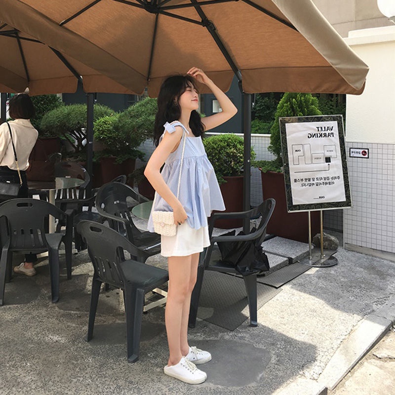 IELGY Áo Hai Dây Ngắn Dáng Suông Kẻ Sọc Caro Thắt Nơ Phong Cách Hàn Quốc Cho Nữ