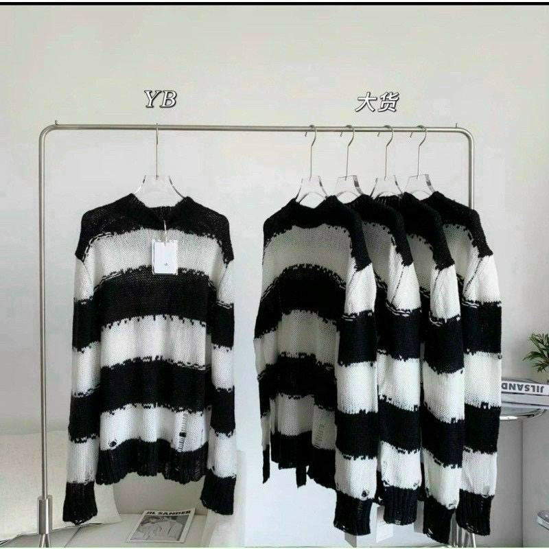 Áo len nữ, len loang kẻ ngang dáng len dài chùm mông