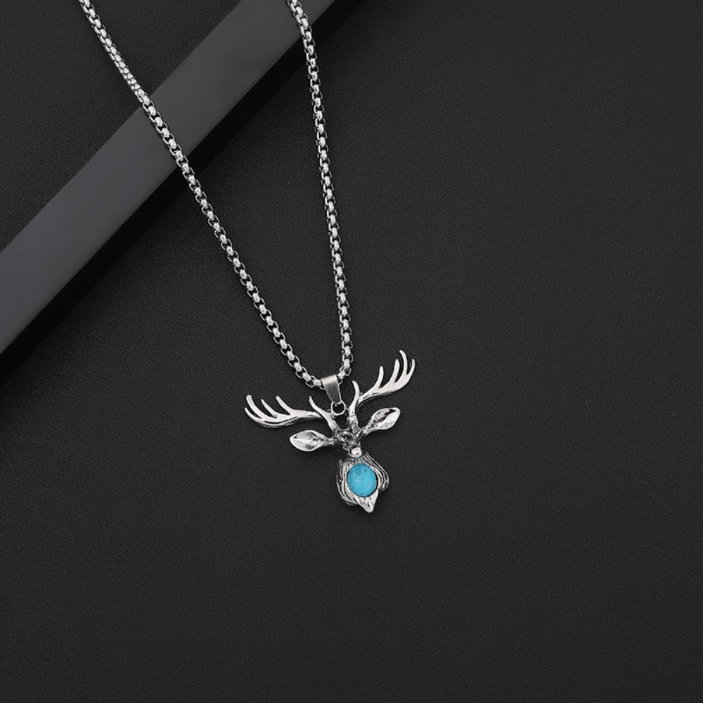 Dây Chuyền Nam Deer Chain Kuu Clothes - Mặt Vòng Cổ Hươu Nai Đính Ngọc Chất Liệu Thép Titan Không Rỉ Màu Xanh Bạc