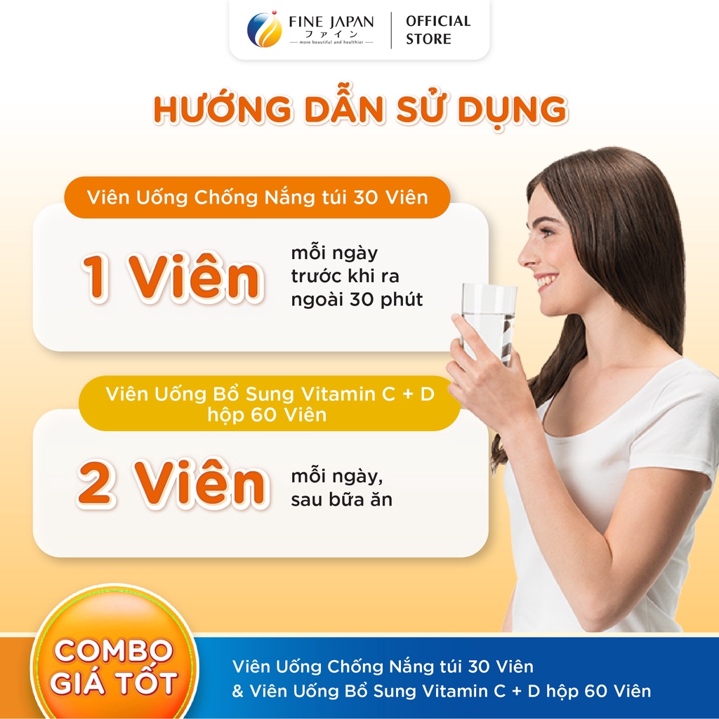 Combo Chống nắng sáng da FINE JAPAN - Viên uống chống nắng & Viên uống bổ sung Vitamin C + D 30 ngày