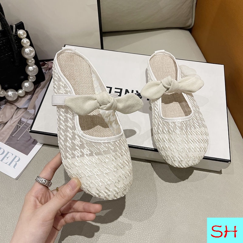 Dép Bít Mũi Đế Bằng Phối Ren Lưới Đính Nơ Thời Trang Mùa Hè Mới Xinh Xắn Cho Phụ Nữ Mang Thai 2022