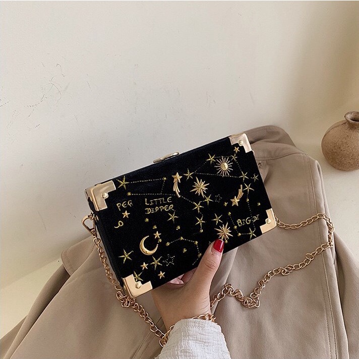 {HÀNG CÓ SẴN + ẢNH THẬT} TÚI XÁCH NỮ DÁNG HỘP NHUNG THÊU HỌA TIẾT THIÊN HÀ - CLUTCH NỮ ĐI TIỆC CẦM TAY ĐEO CHÉO