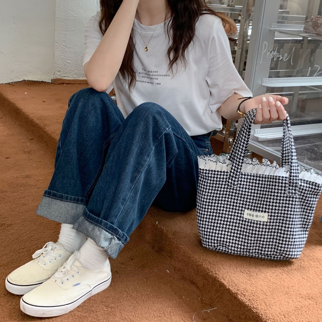 Túi Xách Vải denim Phối Ren Họa Tiết Kẻ Sọc Phong Cách Cổ Điển Thời Trang Cho Nữ