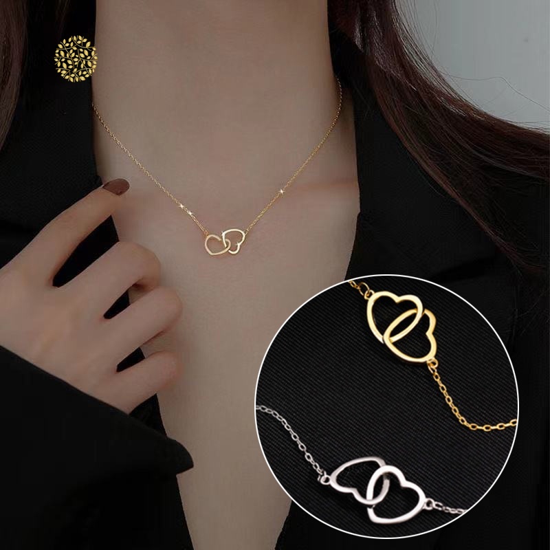 Vòng cổ Ngắn Mặt Trái Tim Đôi Màu Vàng/Bạc Phong Cách harajuku Cá Tính Cho Nam Và Nữ  YKD
