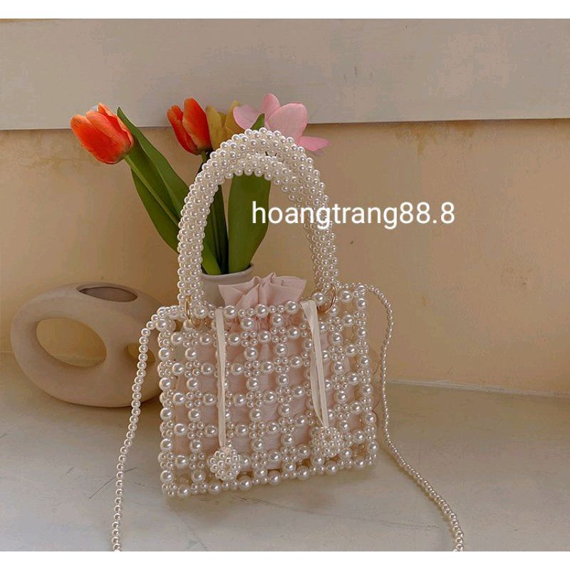 Túi xách tay kết hạt cườm ngọc trai dáng vintage