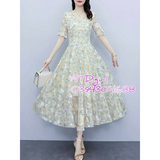 Hàng nhập - Đầm maxi dáng xòe voan lụa hoa nhí cổ tim, váy dự tiệc tay loe bèo xinh xắn