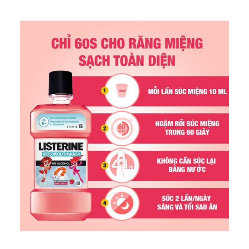 Nước Súc Miệng Listerine Kids dành riêng cho trẻ trên 6 tuổi 250ml