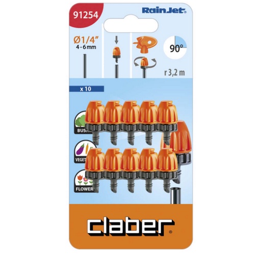 Béc tưới phun mưa Claber micro 90° 91254, hộp 10 cái, nhựa ABS, kết nối ống 4-6mm