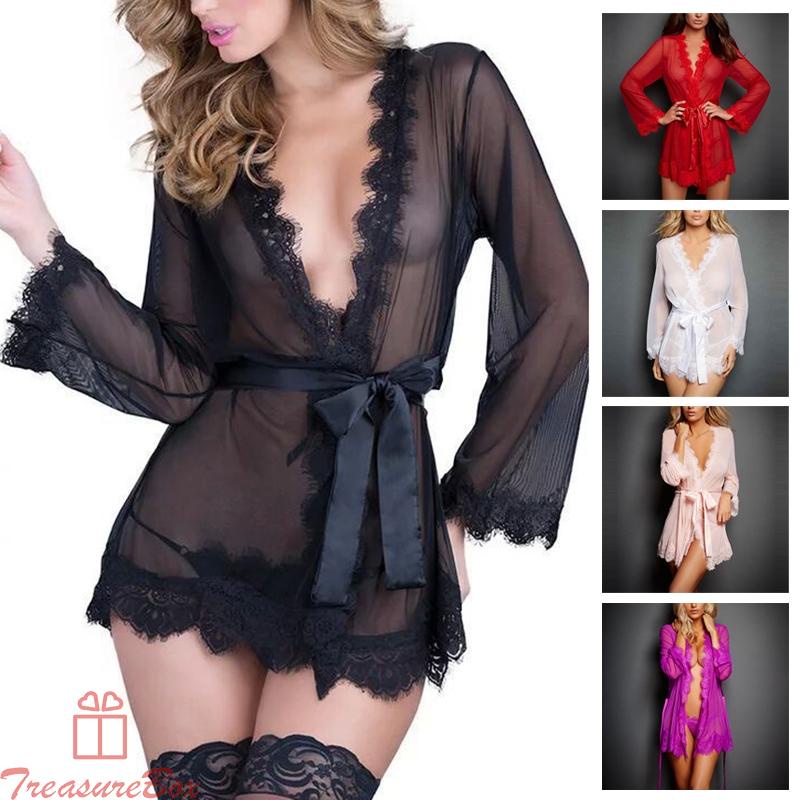 Women Ladies Sleepwear Nightwear Pajamas Plus size Robe See through Sexy