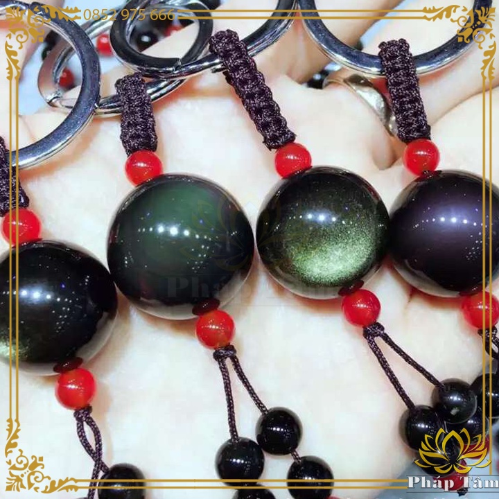 Móc Khóa Đá Obsidian Hạt Tròn Trơn Vân Tự Nhiên - Tâm Phong Thủy