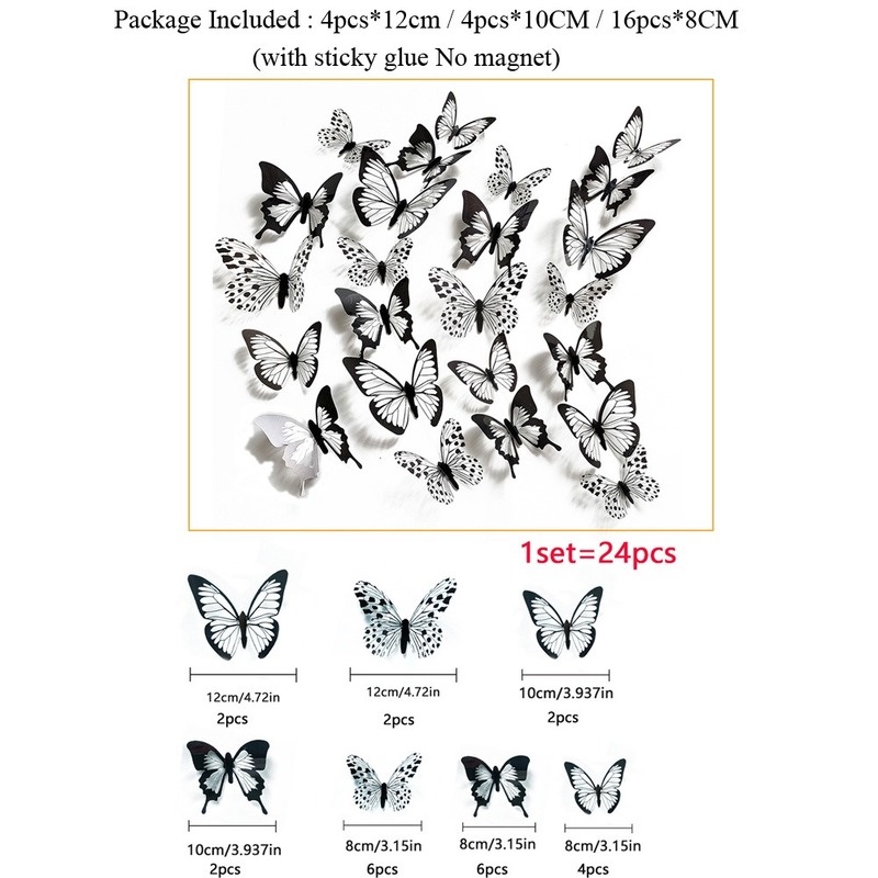 Set 12/24 sticker dán tường hình bướm 3d màu đen kèm băng dính hai mặt