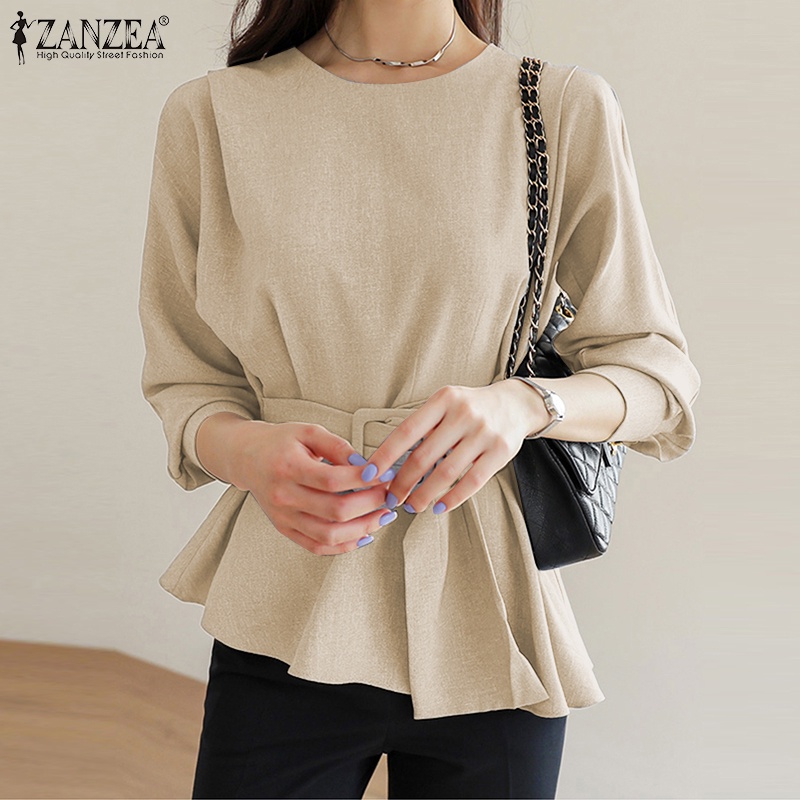 ZANZEA Áo Kiểu Hàn Quốc Tay Dài Cổ Tròn Buộc Eo Thời Trang Cho Nữ