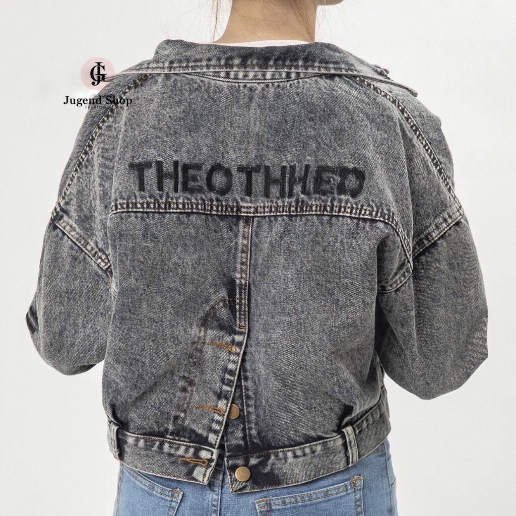[FREESHIP] Áo Khoác Jeans nữ màu đen xám tro in chữ THEOTHEO xẻ sau